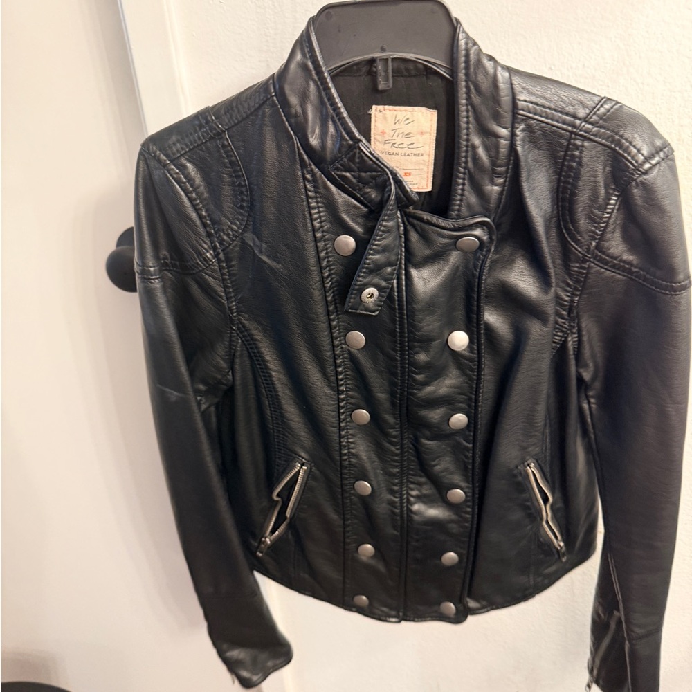 We The Free Double-Breasted Black Leather Jacket